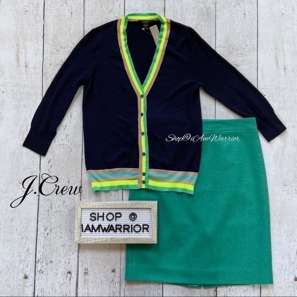 J.Crew NWT navy lightweight v-neck cardigan with neon striped trim
